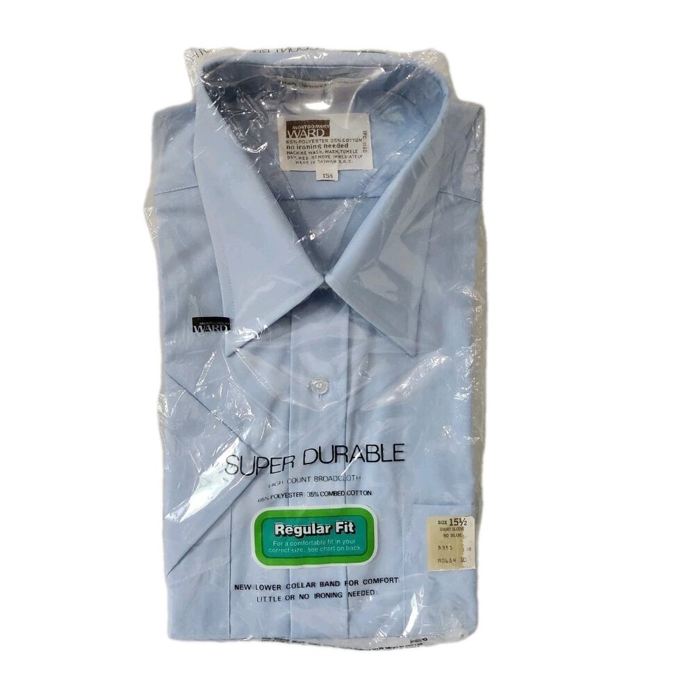 VTG Montgomery Ward Short Sleeve Dress Shirt‎ 70's Pointed Collar Size 15.5 Blue
